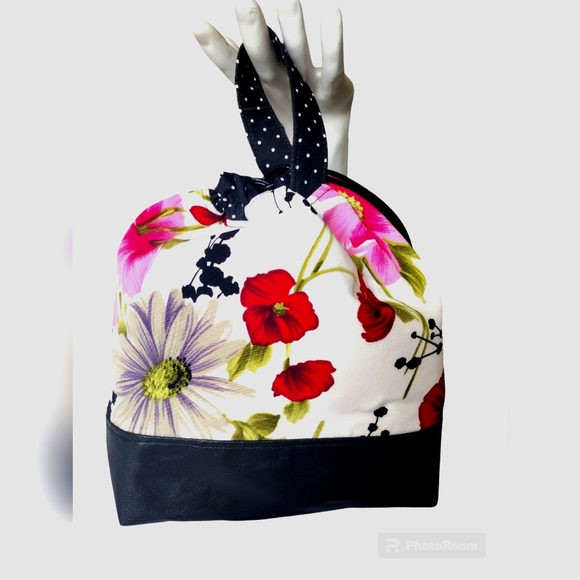 Handbags - Floral, polkadots, and faux black leather draw string bag